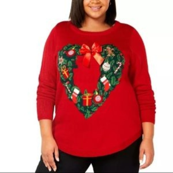 Karen Scott Red & Green Heart Wreath Ugly Christmas Sweater - Picture 1 of 8